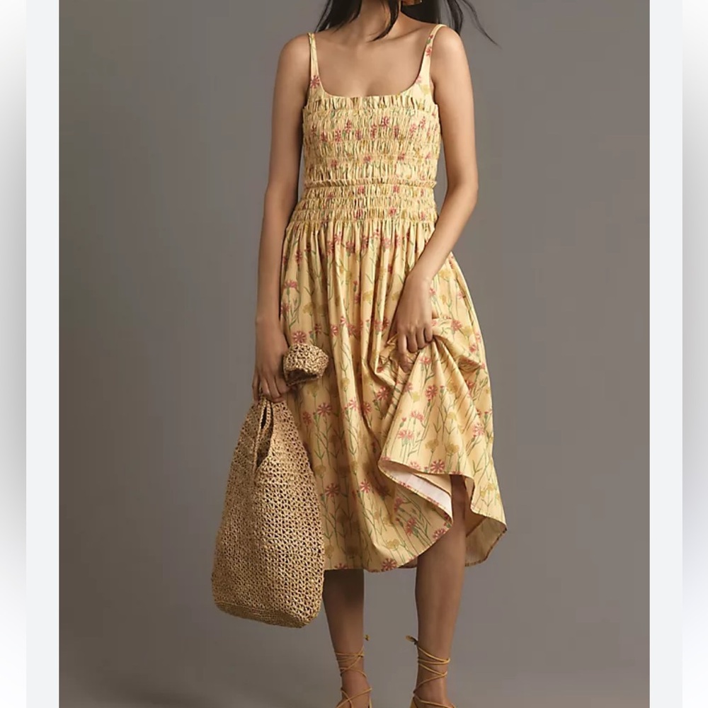 Anthropologie Hutch Sleeveless Smocked Midi Dress Gold Floral Ruffles Pockets L - Picture 2 of 16